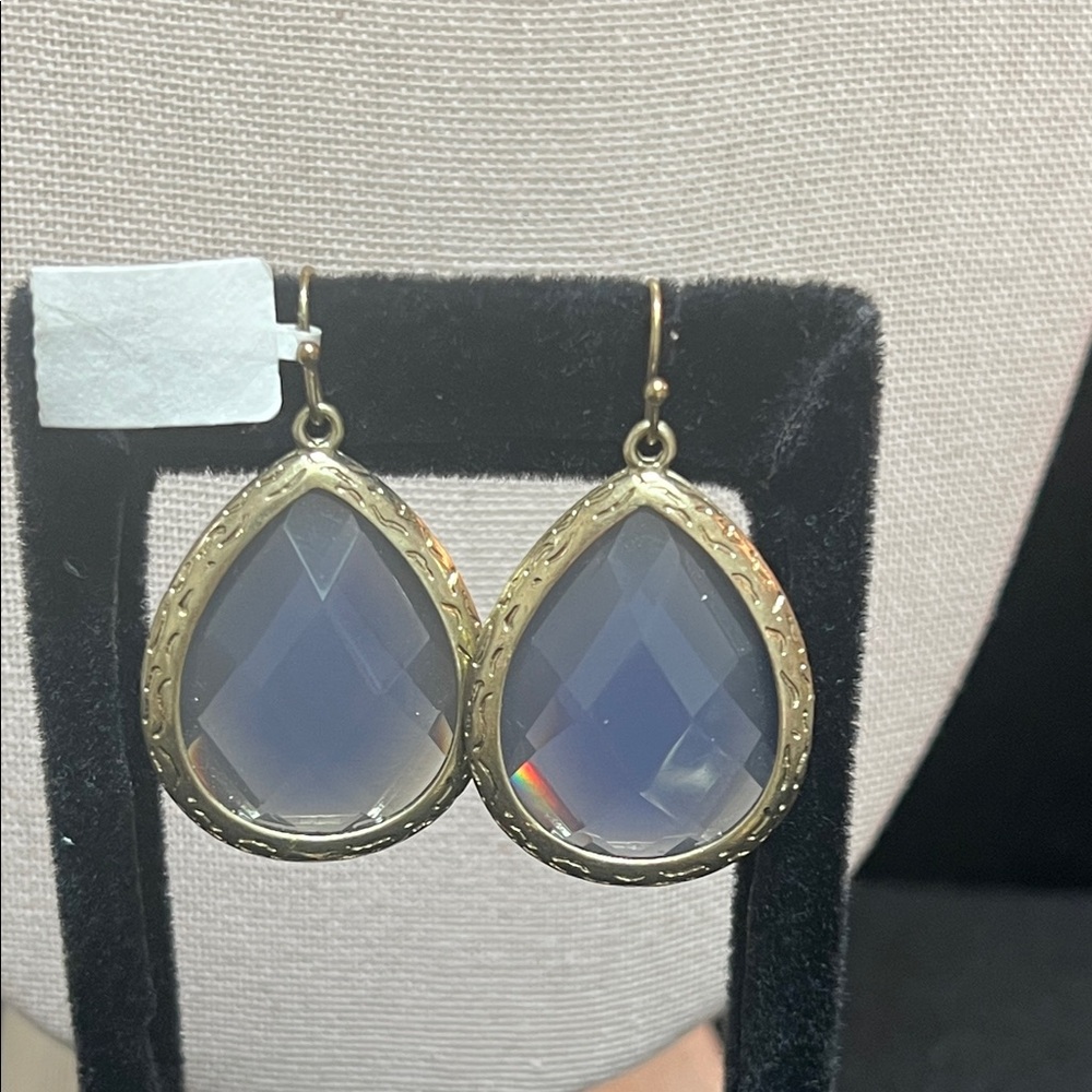 Pale blue opaque Teardrop Earrings with goldtone rim